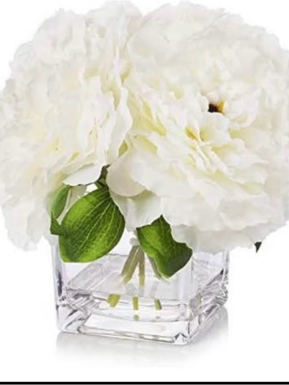 White Faux flower Arrangement in Clear Square Vase